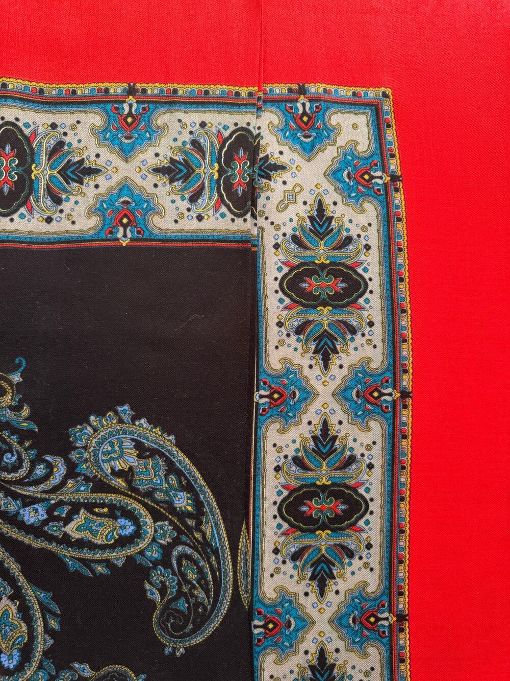 Vintage Paisley Scarf Turquoise, Red Boarder, Black Woven Scarf, Large size